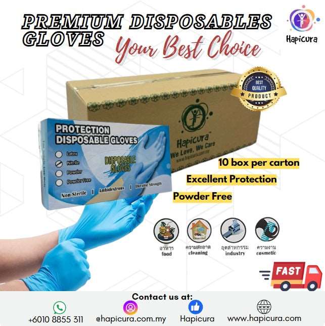 Hapicura Disposable Gloves (Blue) (Nitrile) (100 pcs) Hapicura